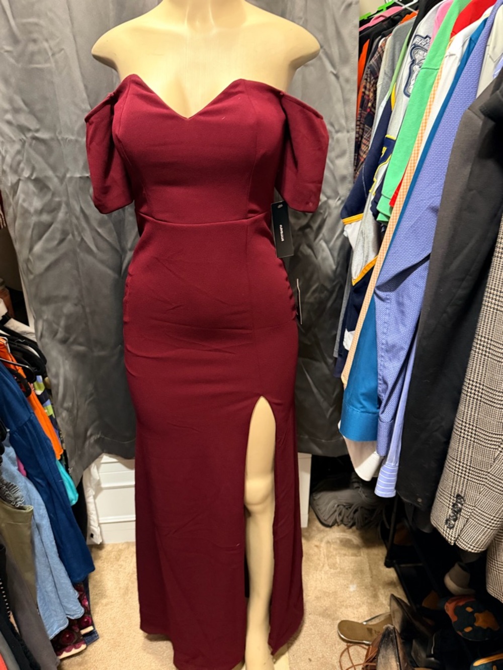 Lulu's Wine Off-Shoulder Side-Slit Evening Dress